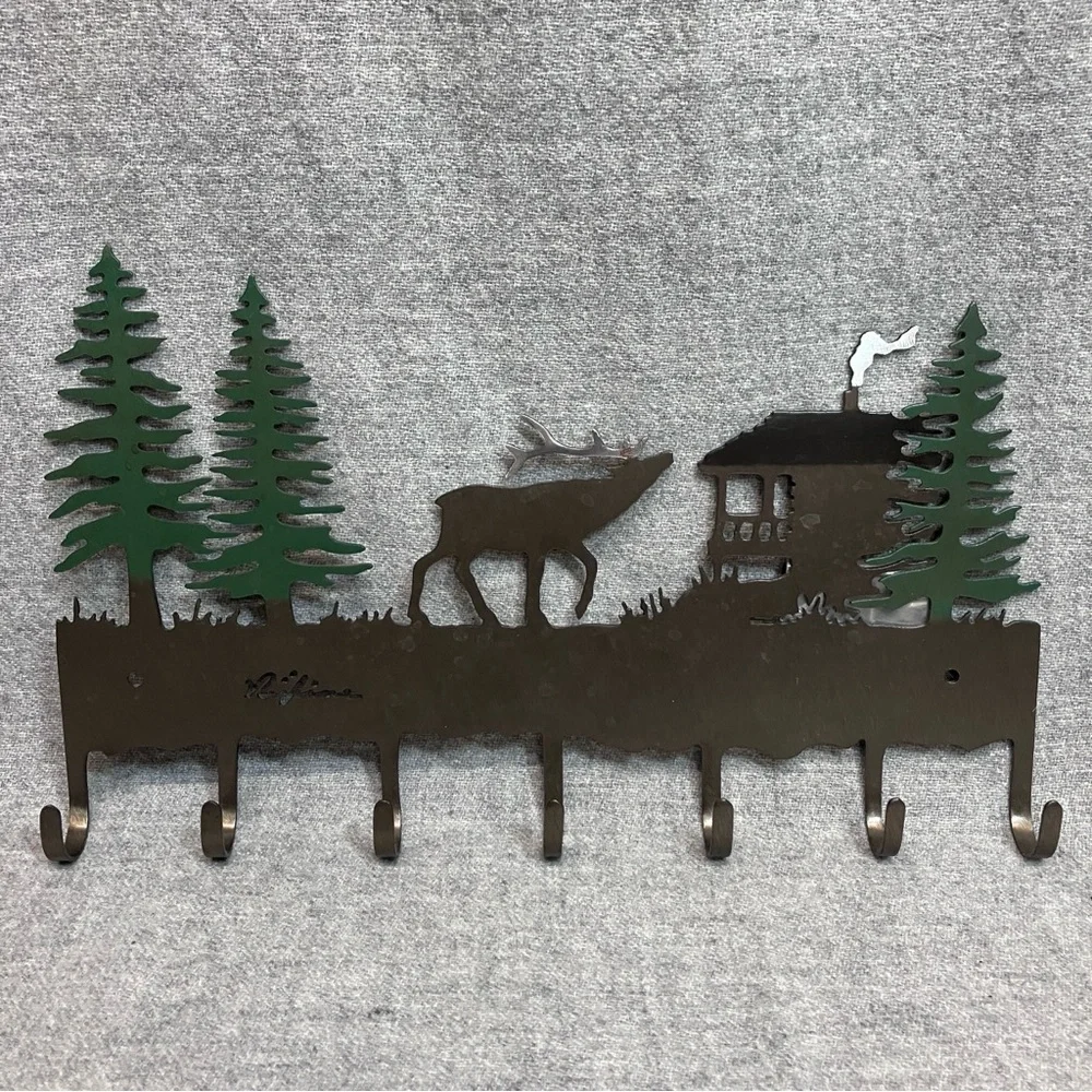 Elk Deer Woodland Metal Art Hanging Coat Hooks Hat Rack Key Holder Signed Cabin